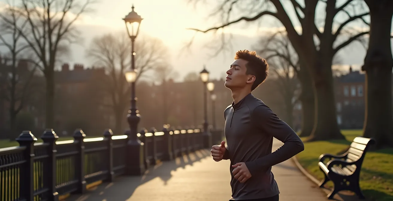 A runner pausing in the weak midday winter light in a British park