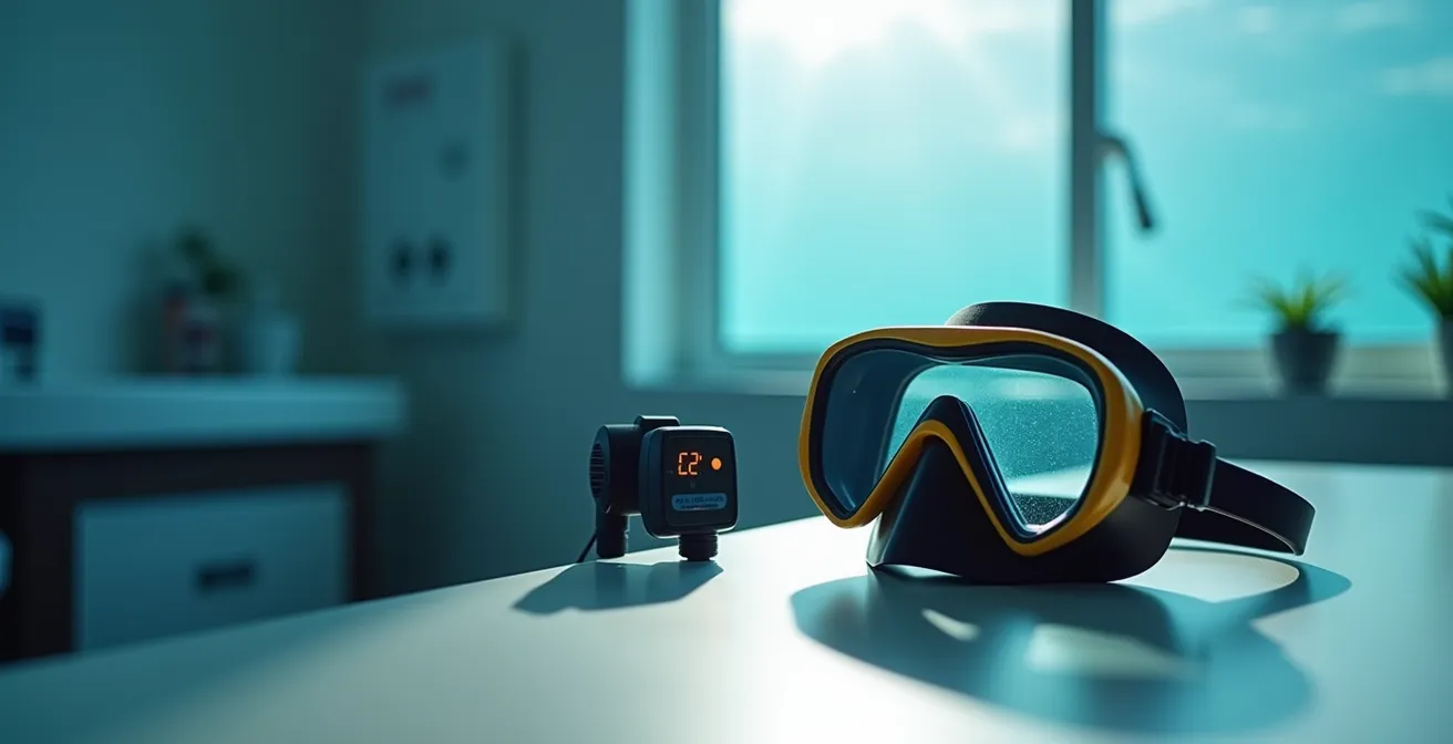 Underwater diving equipment arranged with medical assessment tools in a clinical setting