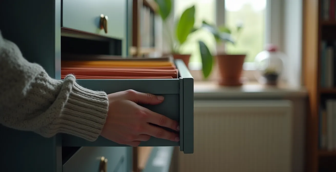 Organized filing cabinet with lock in British home office setting