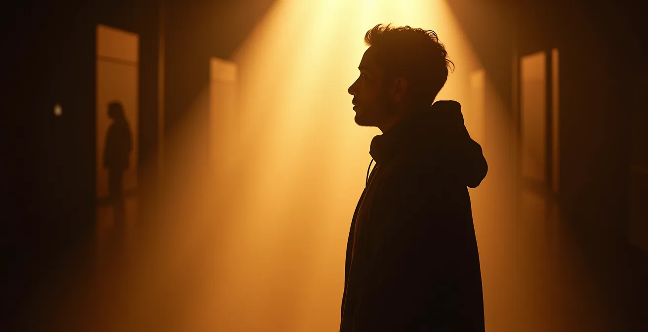 Solitary figure exploring atmospheric theatrical space with dramatic lighting