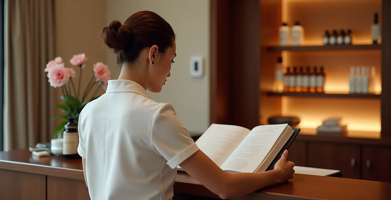 Spa reception area with therapist consulting appointment book beside treatment room entrance