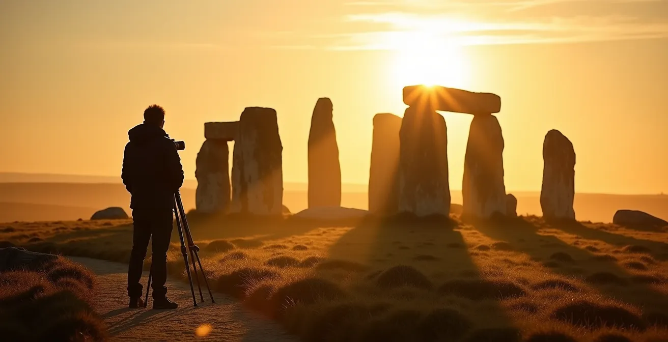 Photographer silhouette capturing Stonehenge at sunrise from the free public footpath with golden light streaming through the ancient stones