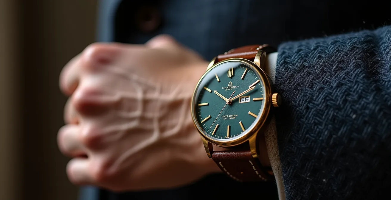 Close-up detail of subtle British style accessories on professional attire