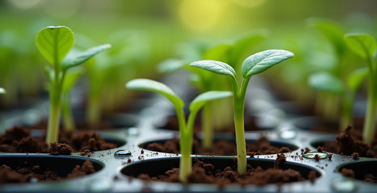 Indoor seed starting setup with grow lights and succession planted seedlings at various growth stages