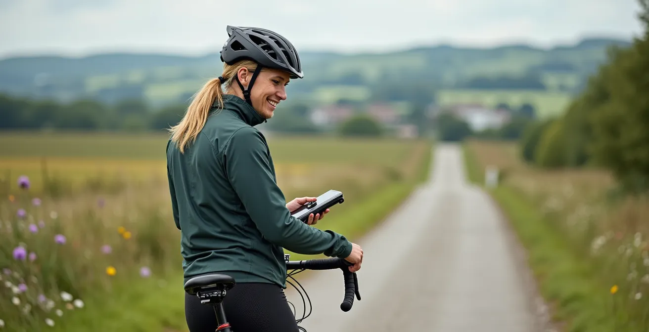 Cyclist on dedicated bike path through rolling chalk hills with train station visible in distance
