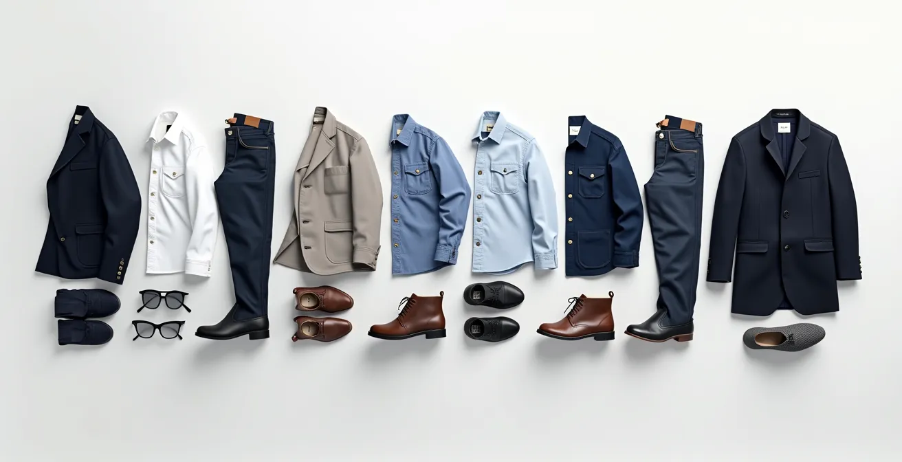 Flat lay of ten essential wardrobe pieces for British professionals