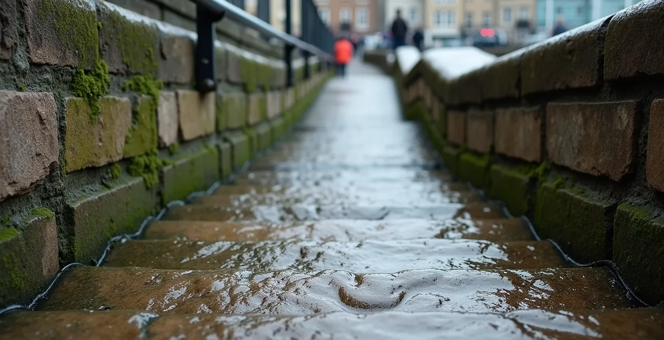 Historic Thames access stairs leading down to the exposed foreshore