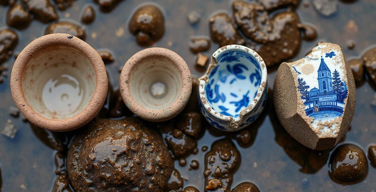Macro shot of mudlarking finds including clay pipe fragments and pottery shards