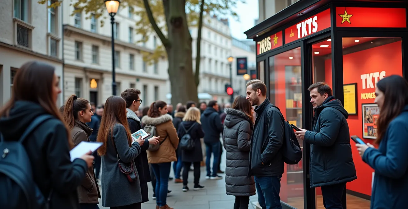 People queuing at the iconic TKTS booth in Leicester Square during daytime