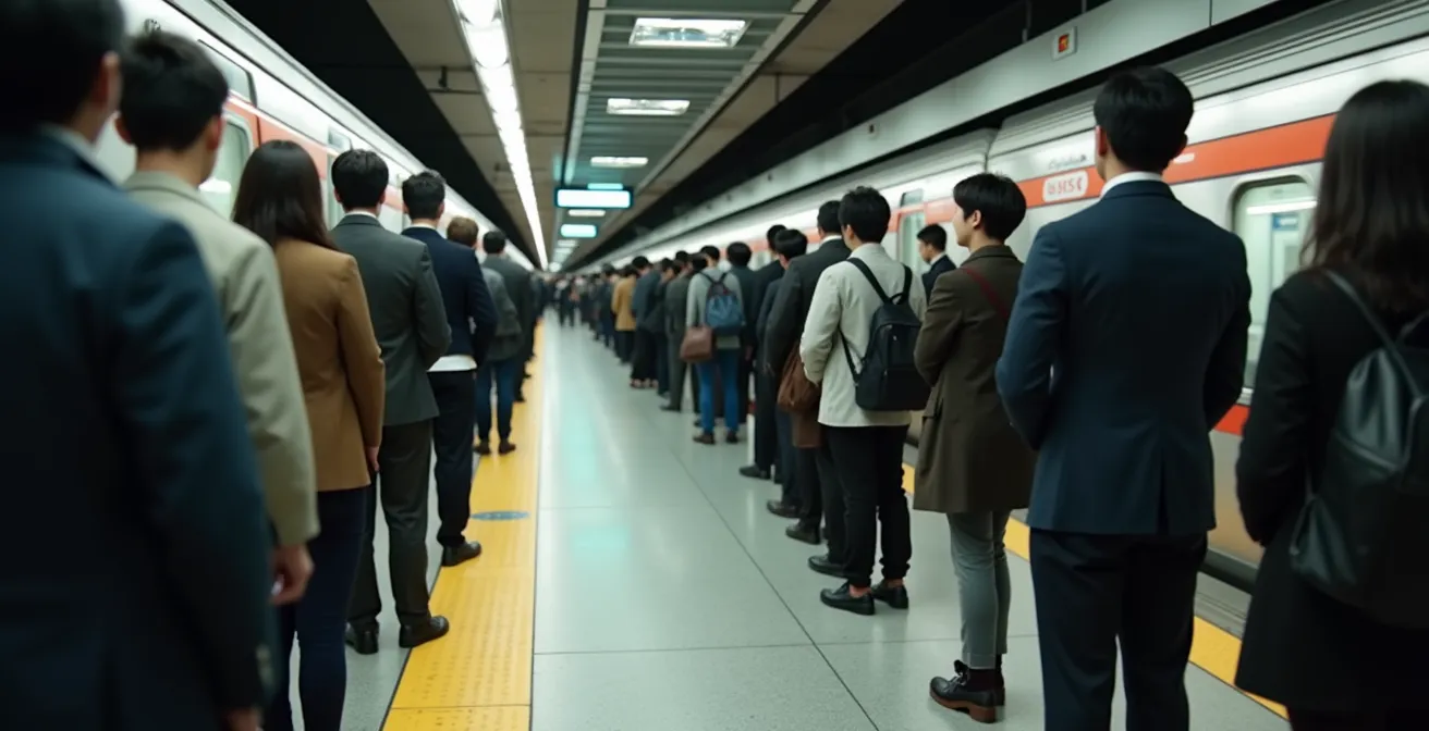 Orderly queues of commuters waiting at designated platform spots