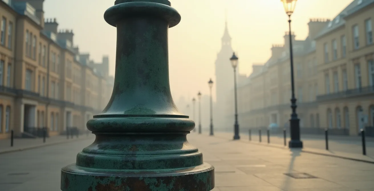 Detail of orange plastic residue on weathered bronze surface showing chemical staining