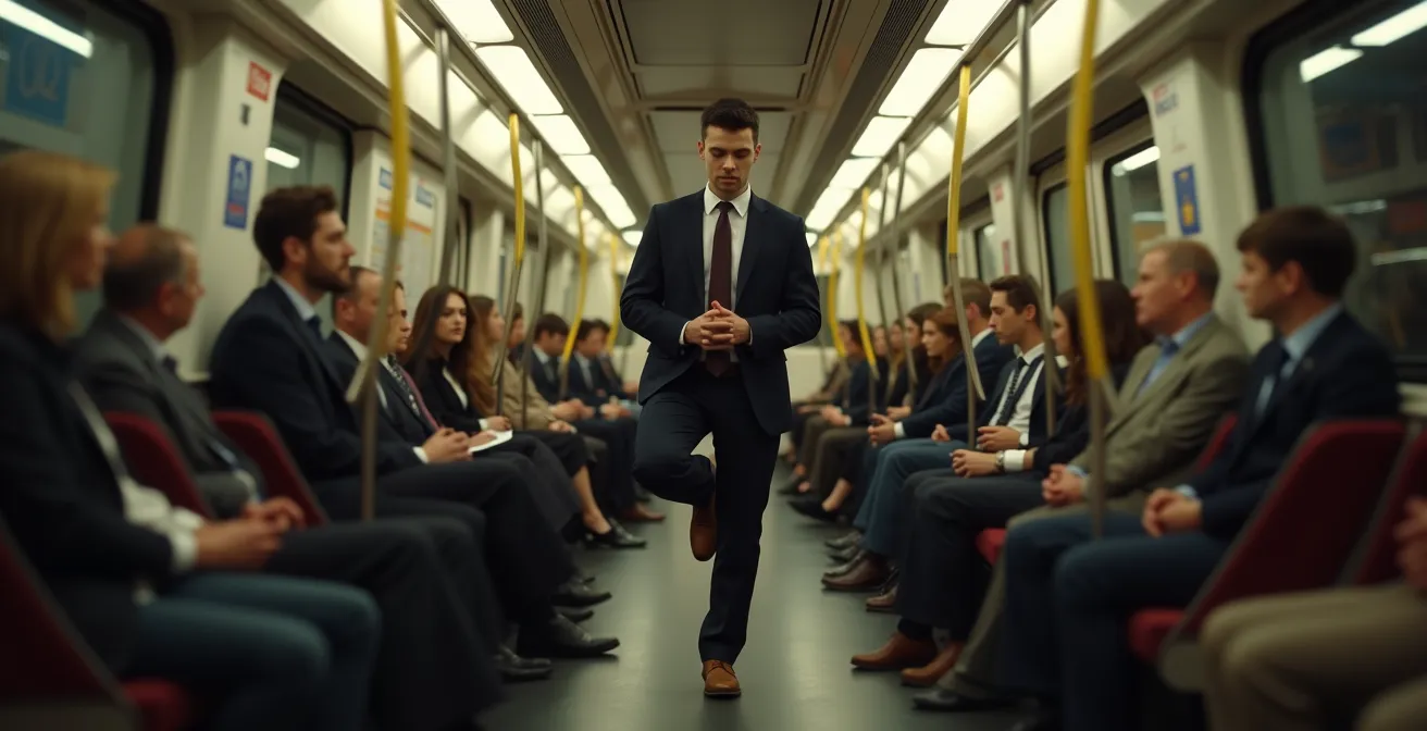 Commuter practicing mindful balance on a moving London Underground train