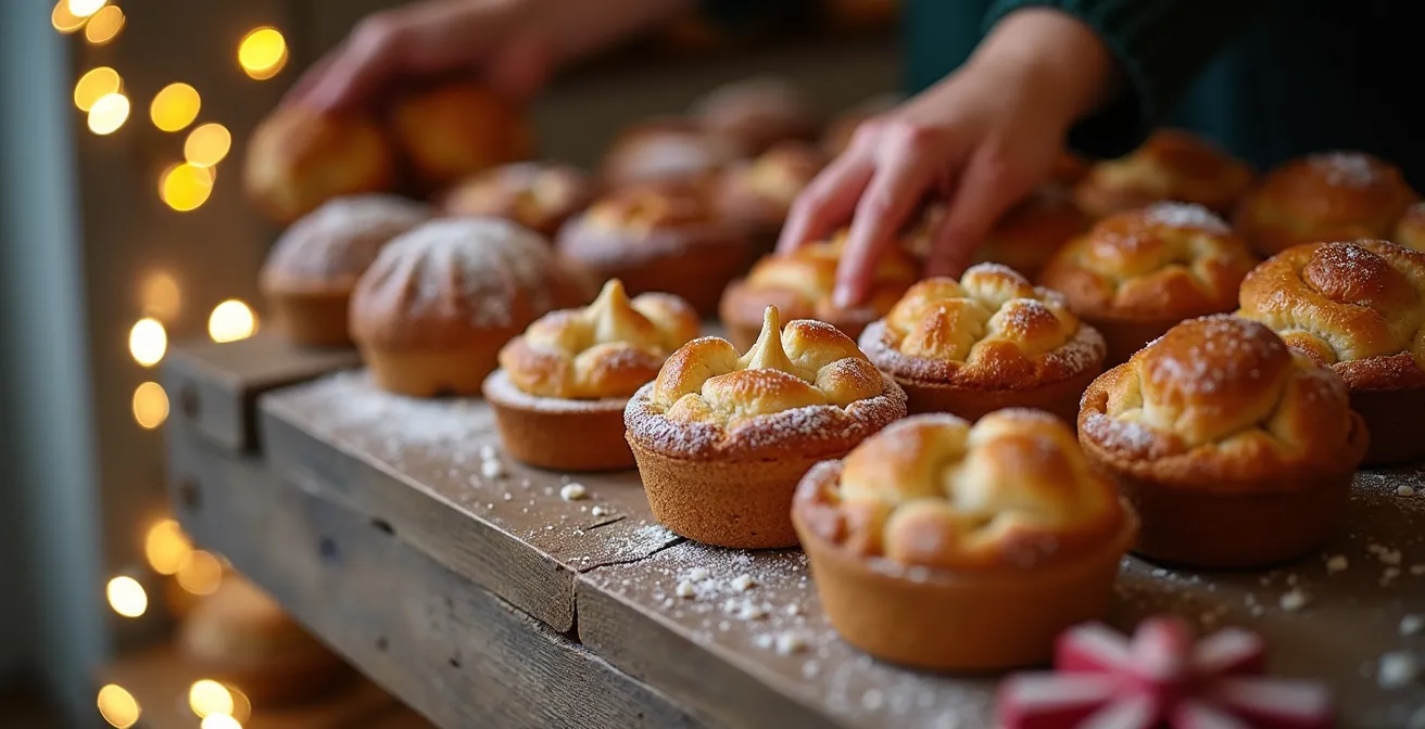 British bakery owner planning Christmas stock with seasonal products displayed