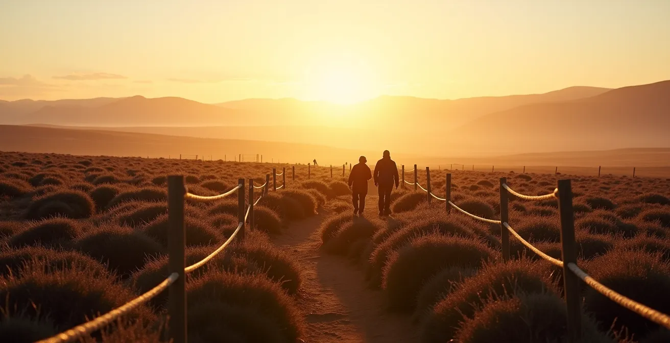 Peaceful moorland landscape showing protected nesting areas with distant walkers on designated paths