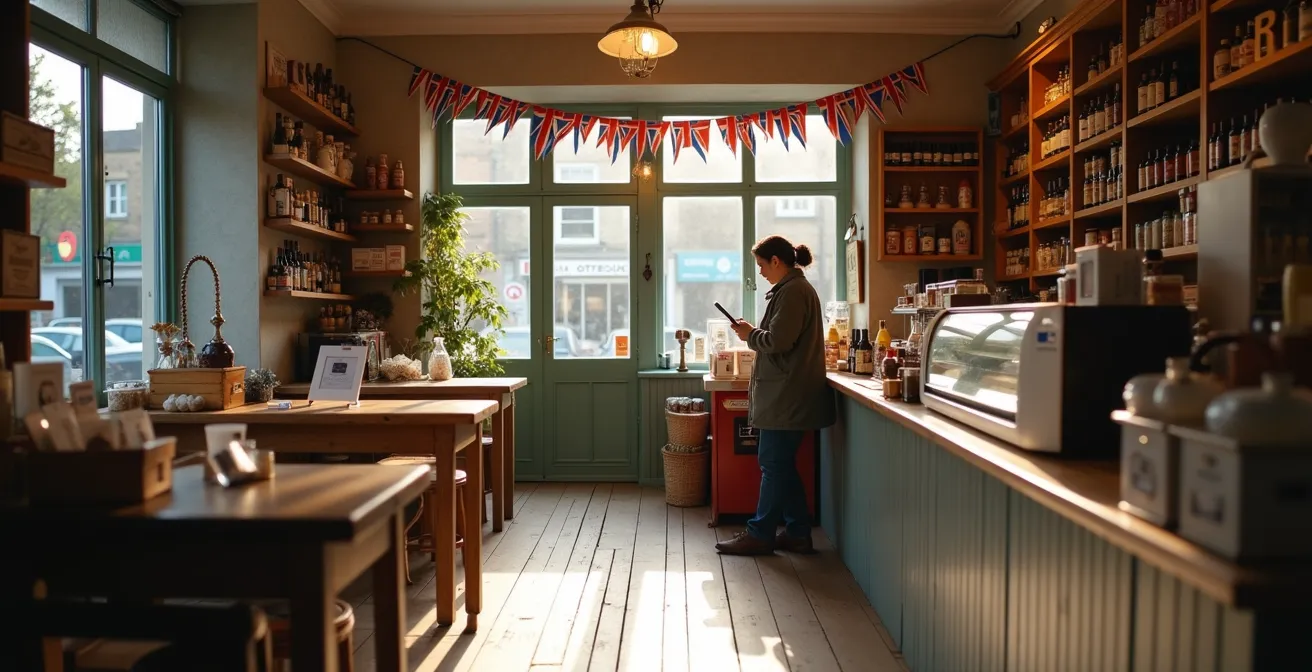 Small business owner working on social media content in British high street shop