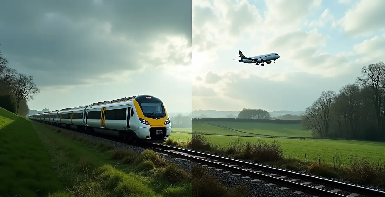 Split screen comparison of electric train and aircraft with visual carbon emission representation