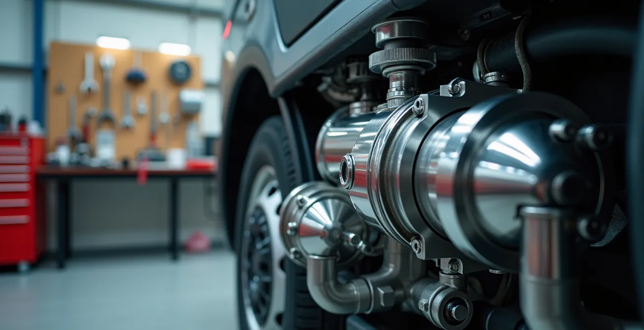Professional mechanic working on van engine retrofit installation in workshop