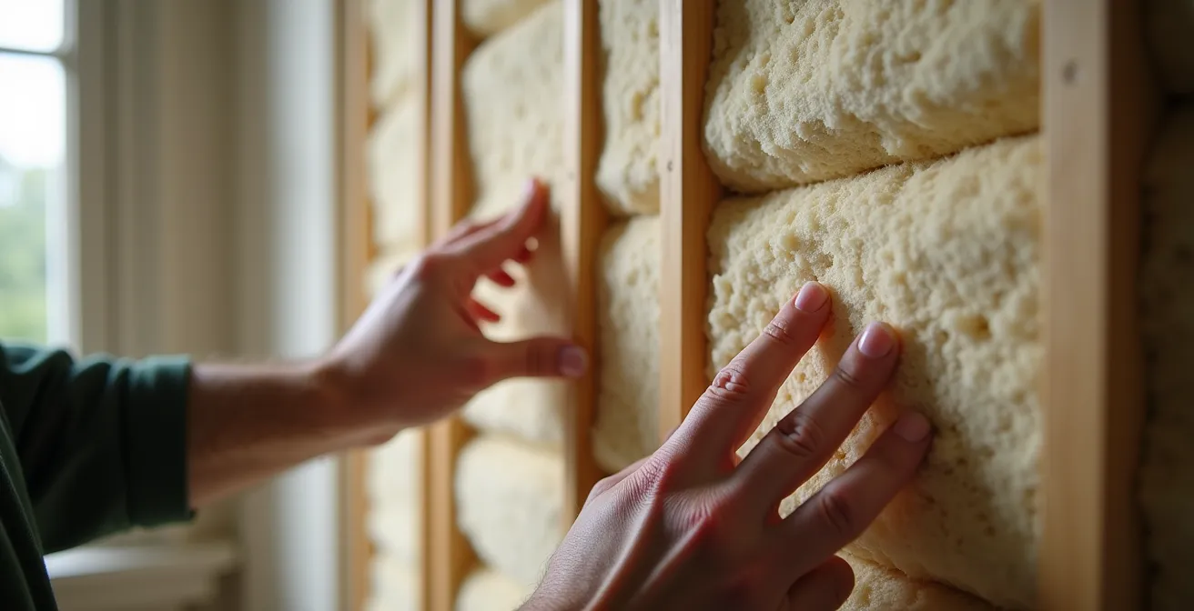 Close-up view of acoustic panels being installed on Victorian period walls with original features preserved
