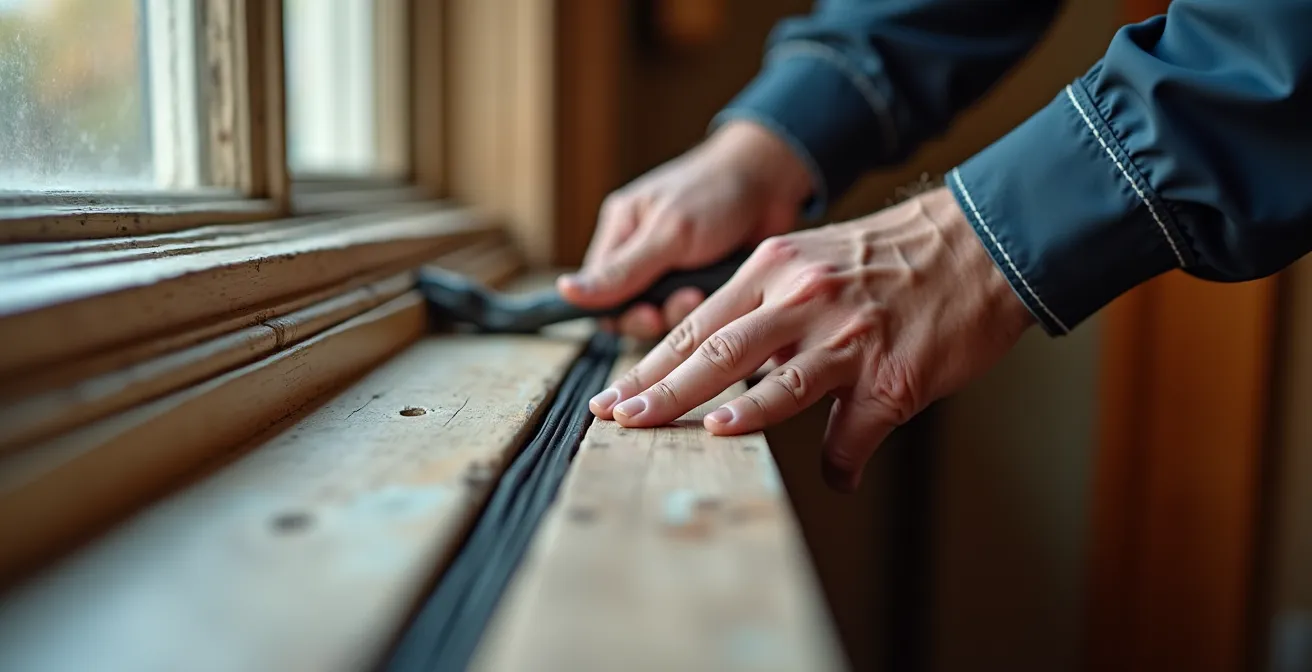 Close-up of draught-proofing installation on Victorian window frame