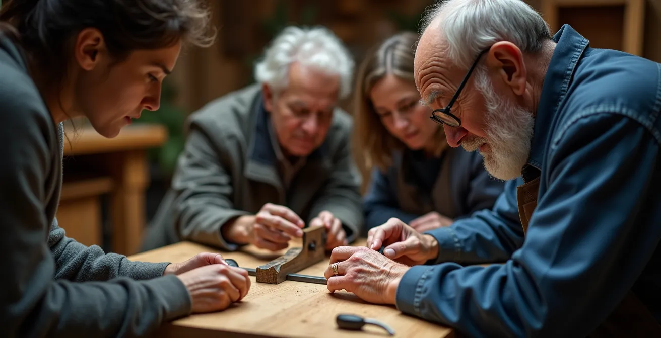 Small group of visitors observing craftsman demonstrating traditional techniques in open workshop