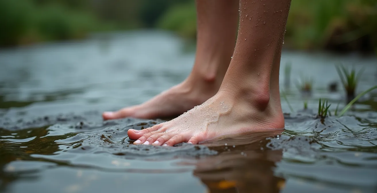 Serene English river landscape with swimming safety equipment on the riverbank