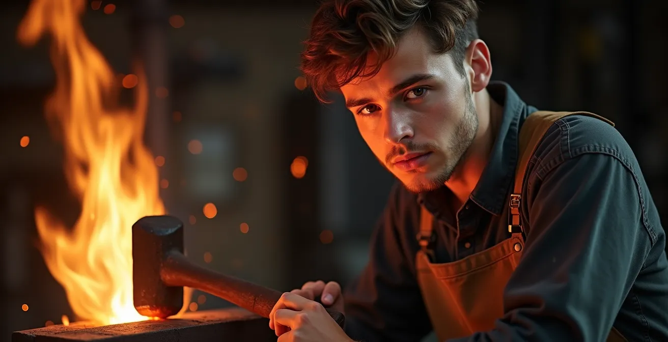 Young apprentice learning blacksmithing at traditional forge with glowing metal and anvil