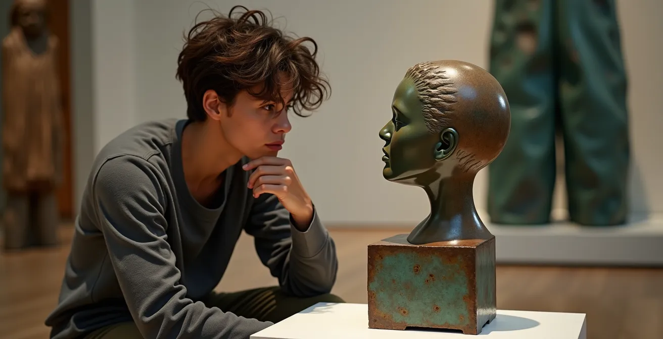 Art collector closely examining a contemporary mixed-media sculpture at a degree show