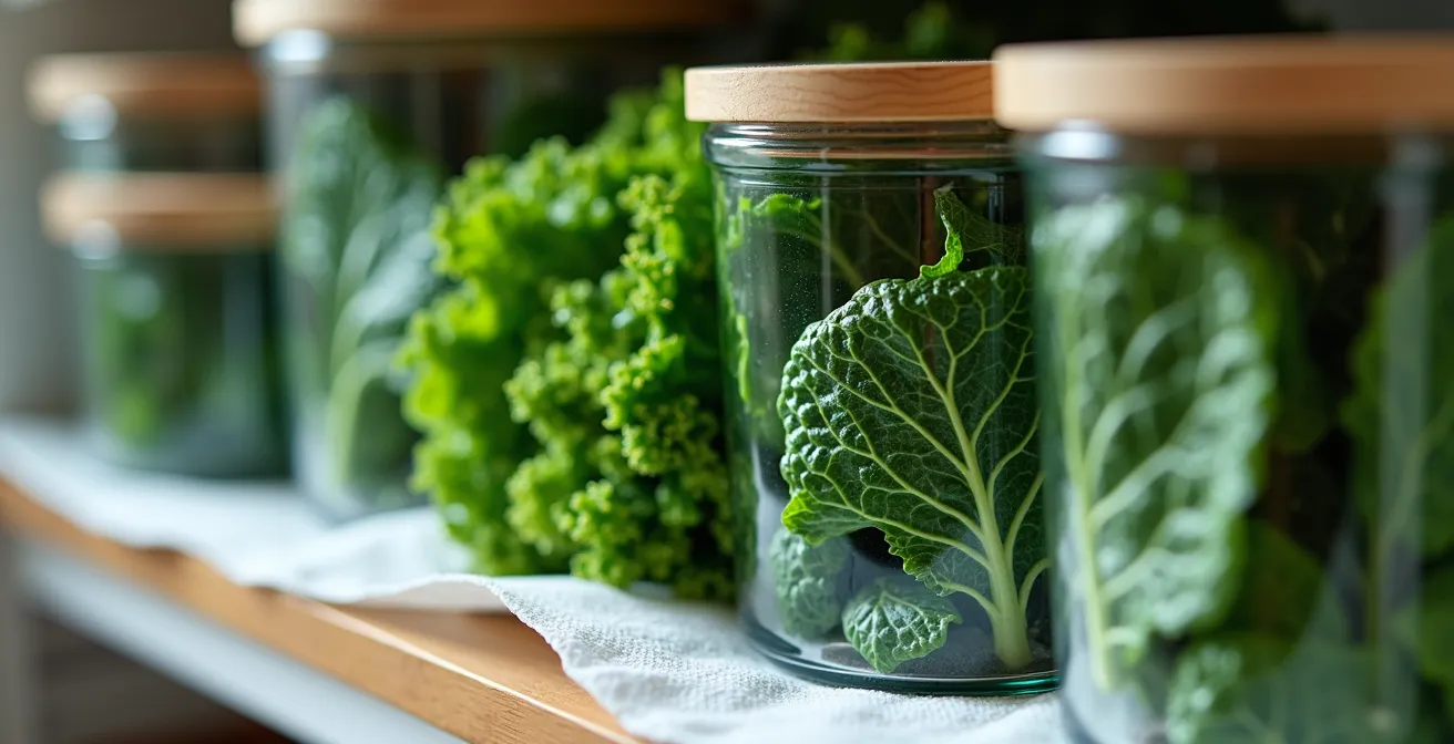 Macro shot of fresh organic vegetables organized in glass containers with moisture-controlling paper towels